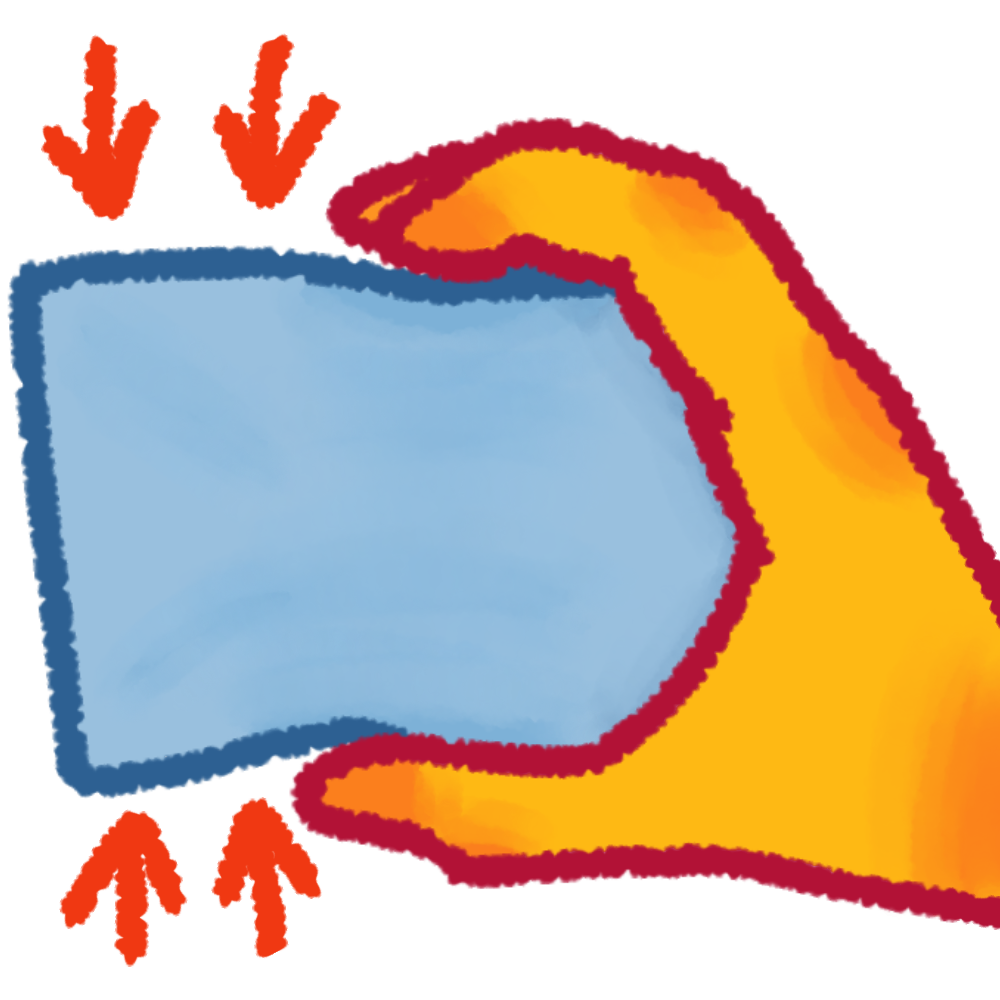 a cartoon style hand holding a block of blue foam with small arrows around it indicating that it is squishy.